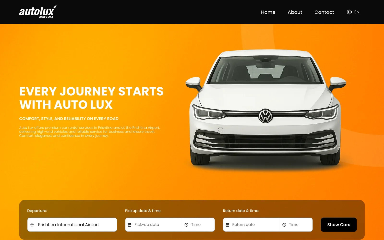 The Autolux homepage, with pick-up location, dates and times in the first screen